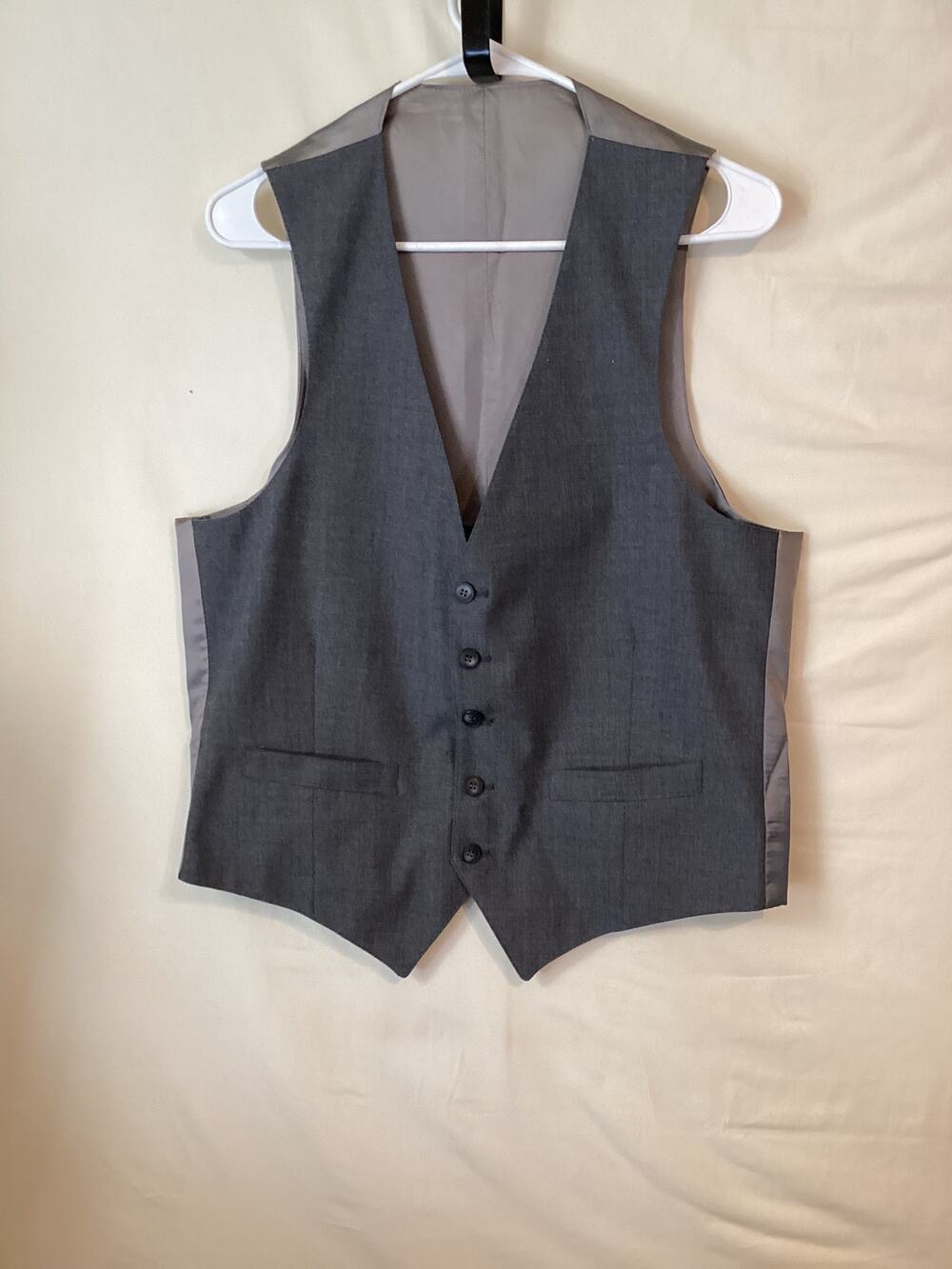1126 5 Button Gray Dress Vest Satin Lined Pockets Chest 19", Length 22.5"